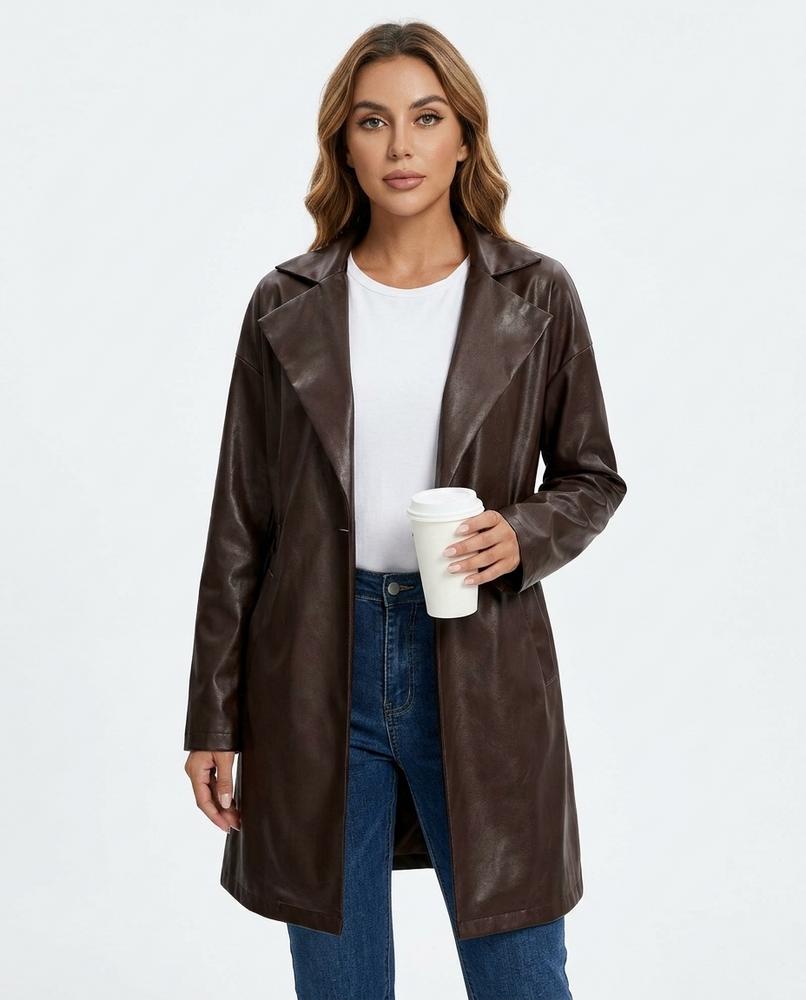 Heidi Outlet - Seran | Kunstlederner Mittellanger Mantel Damen