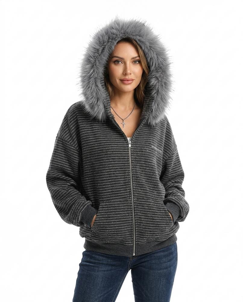 Heidi Outlet - Armar | Pelzbesetzter Gestreifter Hoodie Damen