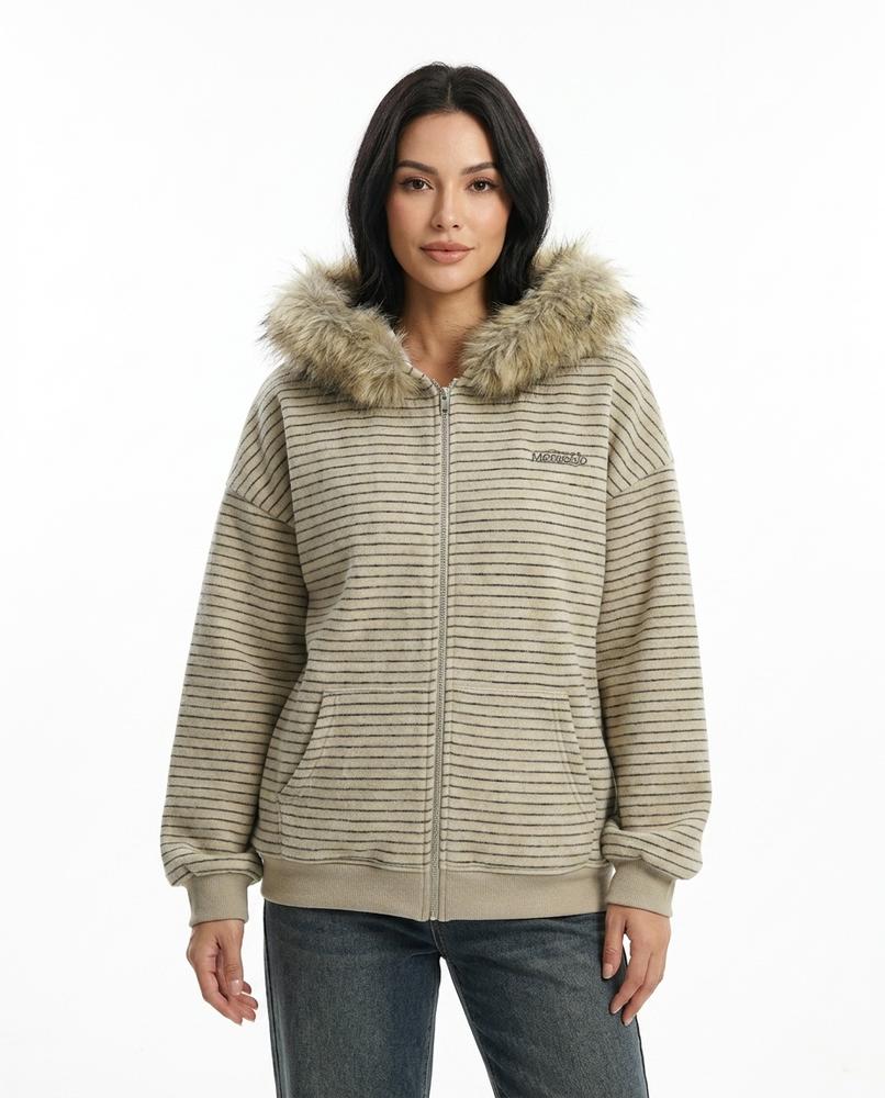 Heidi Outlet - Armar | Pelzbesetzter Gestreifter Hoodie Damen